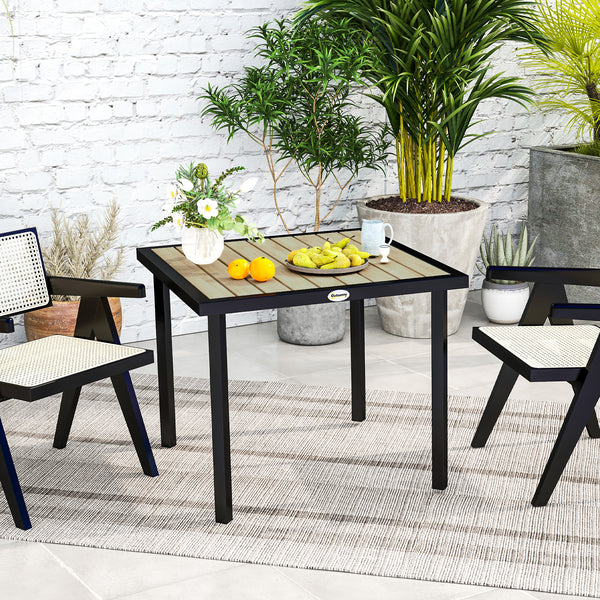 Garden Table for 4 Person, Square 86 x 86 x 71cm Patio Outdoor Dining Table with 5.4cm Parasol Hole, Easy Clean Slatted Top, Metal Frame, for Balcony, Deck, Brown