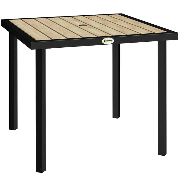 Garden Table for 4 Person, Square 86 x 86 x 71cm Patio Outdoor Dining Table with 5.4cm Parasol Hole, Easy Clean Slatted Top, Metal Frame, for Balcony, Deck, Brown