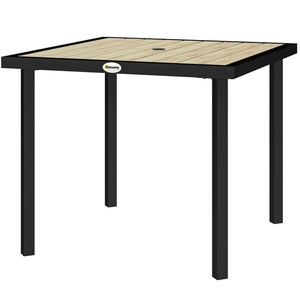 Garden Table for 4 Person, Square 86 x 86 x 71cm Patio Outdoor Dining Table with 5.4cm Parasol Hole, Easy Clean Slatted Top, Metal Frame, for Balcony, Deck, Brown