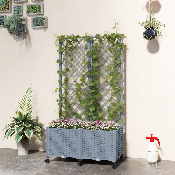 Planter Box with Trellis, Self Watering Raised Garden Bed with Lockable Wheels, 56.3" Trellis Privacy Planter with Drainage Holes for Climbing Plants, Vines, Vegetables, Flowers, Gray
