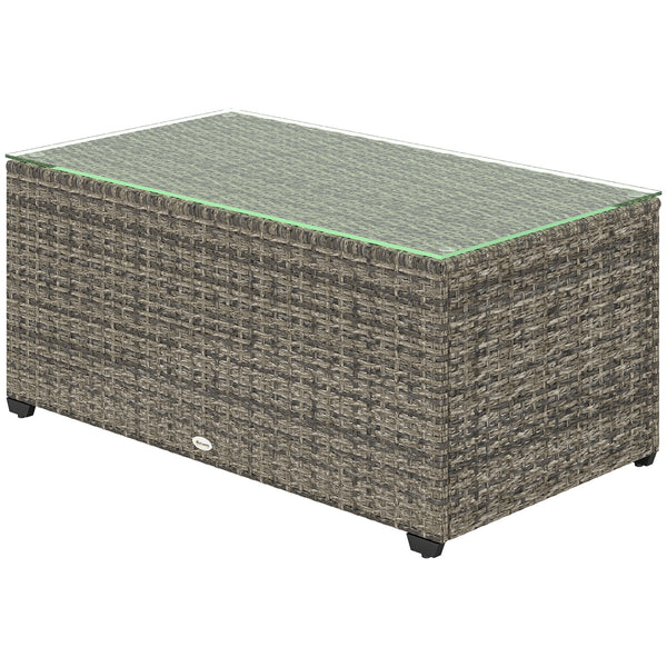 Outdoor Coffee Table, PE Rattan Side Table with Tempered Glass Top, Wicker Rectangular Garden Coffee Table End Table with Steel Frame for Patio, Balcony, 90 x 50 x 38cm, Dark Grey