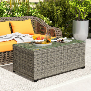 Outdoor Coffee Table, PE Rattan Side Table with Tempered Glass Top, Wicker Rectangular Garden Coffee Table End Table with Steel Frame for Patio, Balcony, 90 x 50 x 38cm, Dark Grey
