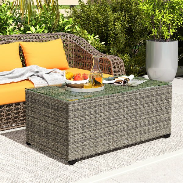 Outdoor Coffee Table, PE Rattan Side Table with Tempered Glass Top, Wicker Rectangular Garden Coffee Table End Table with Steel Frame for Patio, Balcony, 90 x 50 x 38cm, Dark Grey