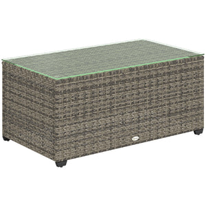 Outdoor Coffee Table, PE Rattan Side Table with Tempered Glass Top, Wicker Rectangular Garden Coffee Table End Table with Steel Frame for Patio, Balcony, 90 x 50 x 38cm, Dark Grey