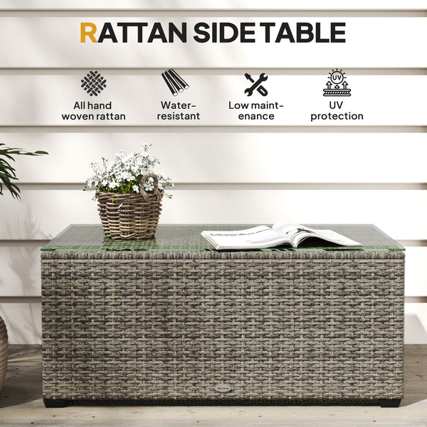 Outdoor Coffee Table, PE Rattan Side Table with Tempered Glass Top, Wicker Rectangular Garden Coffee Table End Table with Steel Frame for Patio, Balcony, 90 x 50 x 38cm, Dark Grey