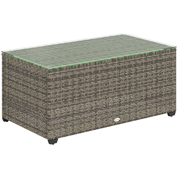 Outdoor Coffee Table, PE Rattan Side Table with Tempered Glass Top, Wicker Rectangular Garden Coffee Table End Table with Steel Frame for Patio, Balcony, 90 x 50 x 38cm, Dark Grey