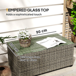 Outdoor Coffee Table, PE Rattan Side Table with Tempered Glass Top, Wicker Rectangular Garden Coffee Table End Table with Steel Frame for Patio, Balcony, 90 x 50 x 38cm, Dark Grey