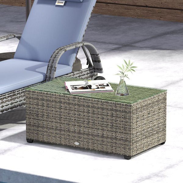 Outdoor Coffee Table, PE Rattan Side Table with Tempered Glass Top, Wicker Rectangular Garden Coffee Table End Table with Steel Frame for Patio, Balcony, 90 x 50 x 38cm, Dark Grey