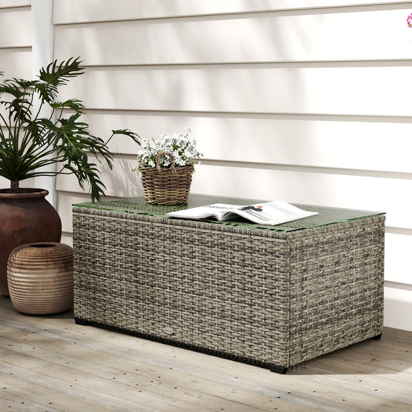 Outdoor Coffee Table, PE Rattan Side Table with Tempered Glass Top, Wicker Rectangular Garden Coffee Table End Table with Steel Frame for Patio, Balcony, 90 x 50 x 38cm, Dark Grey