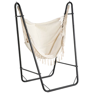Patio Hammock Chair with U Shape Stand, Outdoor Hammock Swing Hanging Lounge Chair with Side Pocket, Cream White