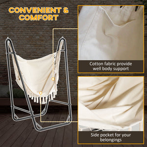 Patio Hammock Chair with U Shape Stand, Outdoor Hammock Swing Hanging Lounge Chair with Side Pocket, Cream White
