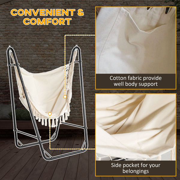 Patio Hammock Chair with U Shape Stand, Outdoor Hammock Swing Hanging Lounge Chair with Side Pocket, Cream White