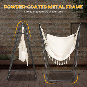 Patio Hammock Chair with U Shape Stand, Outdoor Hammock Swing Hanging Lounge Chair with Side Pocket, Cream White