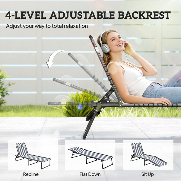 Folding Chaise Lounge Chair, Patio Sun Tanning Chair, Outdoor Chaise Lounger with 4-Position Reclining Back, Breathable Mesh Seat for Beach, Poolside, Yard, Blue and White