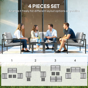 4 Seater Garden Furniture Set, 5 Piece Metal Garden Sofa Set with Thickened Cushions, Outdoor Patio Conversation Furniture with Loveseat, 2 Armchairs, 2 Coffee Tables for Balcony, Light Grey