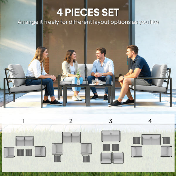 4 Seater Garden Furniture Set, 5 Piece Metal Garden Sofa Set with Thickened Cushions, Outdoor Patio Conversation Furniture with Loveseat, 2 Armchairs, 2 Coffee Tables for Balcony, Light Grey