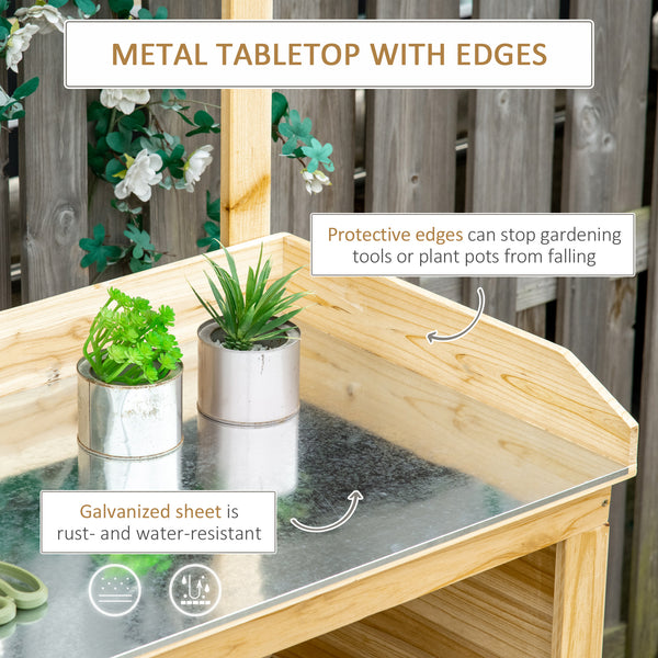 Potting Bench Table, Wooden Garden Workstation Bench with Galvanized Metal Tabletop, Storage Shelves and Hooks for Patios, Courtyards, Balcony