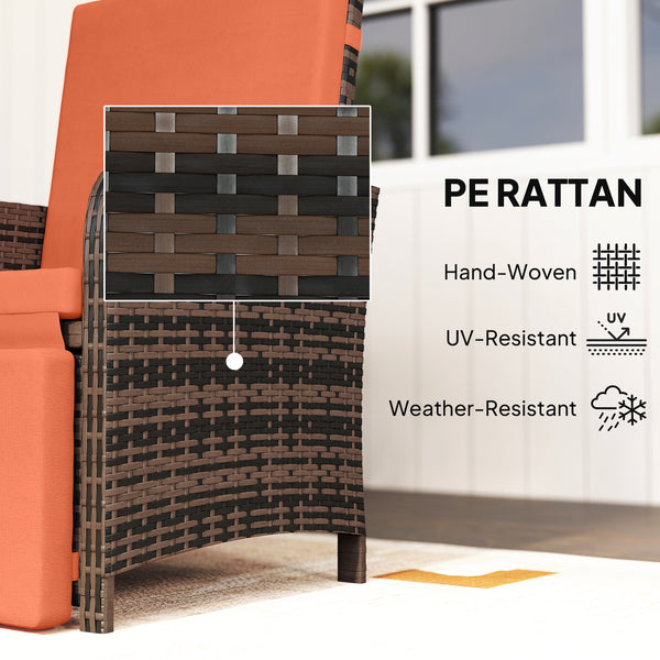 3 Pieces Rattan Bistro Set, Reclining Garden Chairs and 2-Tier Storage Glass-Top Table, PE Wicker Garden Furniture Conversation Set with Cushions for Outdoor, Patio, Balcony, Orange