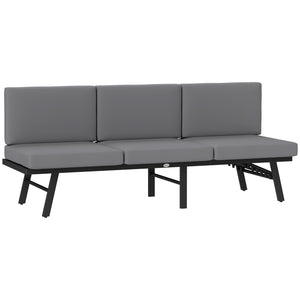 3-in-1 Convertible Outdoor Sofa, 3-Seater Outdoor Couch with Cushions, 5-Position Adjustable Reclining Lounge Chair, Patio Loveseat with Folding Center Table, Grey