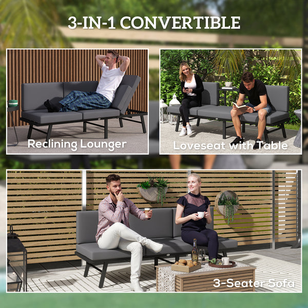 3-in-1 Convertible Outdoor Sofa, 3-Seater Outdoor Couch with Cushions, 5-Position Adjustable Reclining Lounge Chair, Patio Loveseat with Folding Center Table, Grey