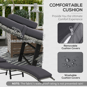 Folding Rattan Sun Lounger, Wicker Garden Lounger with Cushion and Pillow, Outdoor Sunbed with Steel Frame for Patio, Beach, Terrace, Grey