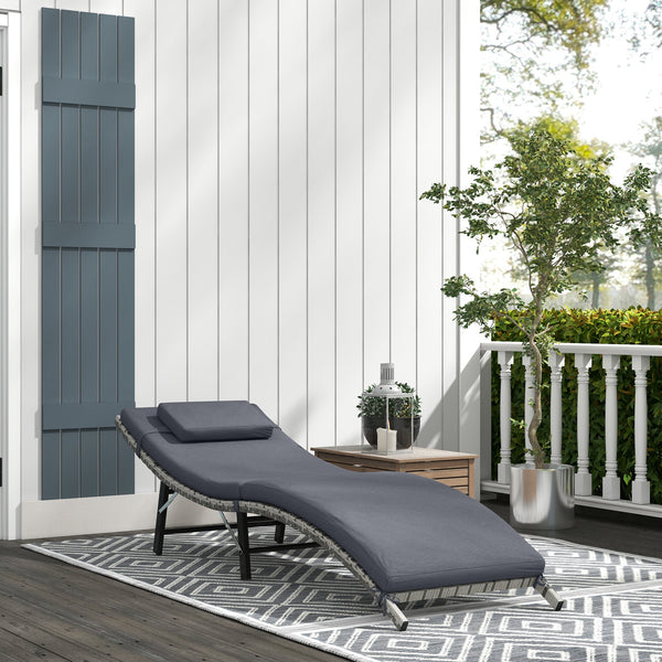 Folding Rattan Sun Lounger, Wicker Garden Lounger with Cushion and Pillow, Outdoor Sunbed with Steel Frame for Patio, Beach, Terrace, Grey