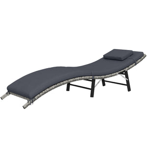 Folding Rattan Sun Lounger, Wicker Garden Lounger with Cushion and Pillow, Outdoor Sunbed with Steel Frame for Patio, Beach, Terrace, Grey
