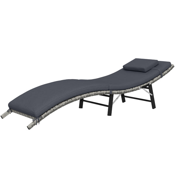 Folding Rattan Sun Lounger, Wicker Garden Lounger with Cushion and Pillow, Outdoor Sunbed with Steel Frame for Patio, Beach, Terrace, Grey