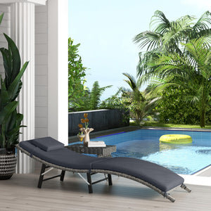 Folding Rattan Sun Lounger, Wicker Garden Lounger with Cushion and Pillow, Outdoor Sunbed with Steel Frame for Patio, Beach, Terrace, Grey