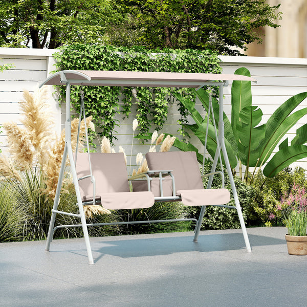 2 Person Porch Swing with Stand, Outdoor Swing with Canopy, Pivot Storage Table, 2 Cup Holders, Cushions for Patio, Backyard, Beige