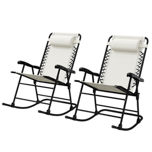 2pc Patio Foldable Rocking Chair Set w/ Breathable Mesh Seat & Backrest, Padded Headrest for Park, Backyard, Garden, Cream White