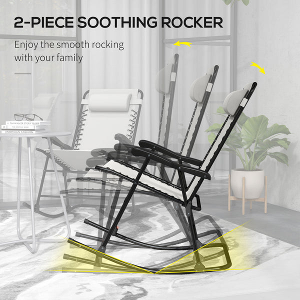 2pc Patio Foldable Rocking Chair Set w/ Breathable Mesh Seat & Backrest, Padded Headrest for Park, Backyard, Garden, Cream White