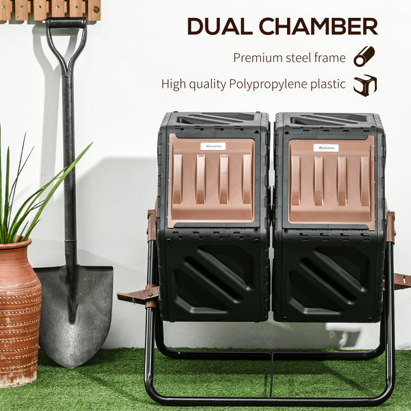 34.5 Gallon Dual Chamber Compost Bin, Rotating Composter, Compost Tumbler with 24 Ventilation Openings and Steel Legs, Brown