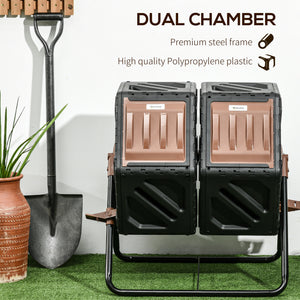 Dual Chamber Garden Compost Bin, 130L Rotating Composter, Compost Maker with Ventilation Openings and Steel Legs, Dark Brown and Black
