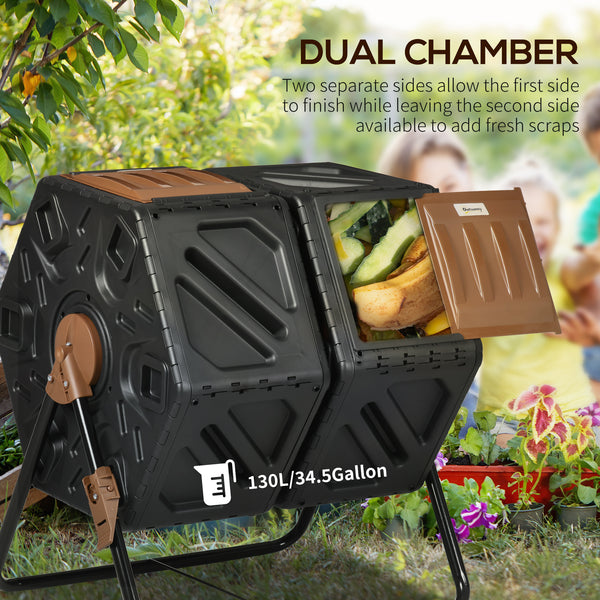 34.5 Gallon Dual Chamber Compost Bin, Rotating Composter, Compost Tumbler with 24 Ventilation Openings and Steel Legs, Brown