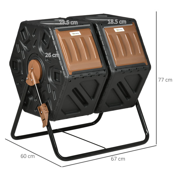 Dual Chamber Garden Compost Bin, 130L Rotating Composter, Compost Maker with Ventilation Openings and Steel Legs, Dark Brown and Black