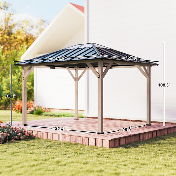 10' x 12' Hardtop Gazebo with Galvanized Steel Roof, Wood Permanent Pavilion Canopy Shelter with Clear Roof Top, UPF50+ Protection, Ceiling Hooks for Lawn, Backyard, Deck, Light Walnut