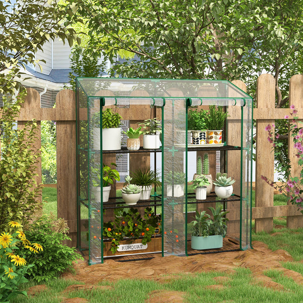 Lean-to Mini Greenhouse with 3 Tier Shelves, Portable Green House with 2 Roll-up Doors, Garden Plant Grow Hot House for Indoor Outdoor, 56.3"x18.1"x59.4", Clear