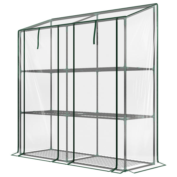 Lean-to Mini Greenhouse with 3 Tier Shelves, Portable Green House with 2 Roll-up Doors, Garden Plant Grow Hot House for Indoor Outdoor, 56.3"x18.1"x59.4", Clear