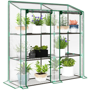 Lean-to Mini Greenhouse with 3 Tier Shelves, Portable Green House with 2 Roll-up Doors, Garden Plant Grow Hot House for Indoor Outdoor, 56.3"x18.1"x59.4", Clear