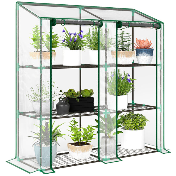 Lean-to Mini Greenhouse with 3 Tier Shelves, Portable Green House with 2 Roll-up Doors, Garden Plant Grow Hot House for Indoor Outdoor, 56.3"x18.1"x59.4", Clear