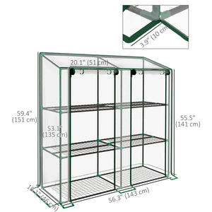 Lean-to Mini Greenhouse with 3 Tier Shelves, Portable Green House with 2 Roll-up Doors, Garden Plant Grow Hot House for Indoor Outdoor, 56.3"x18.1"x59.4", Clear