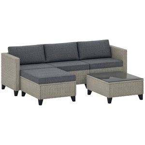 5 Pieces PE Rattan Garden Furniture Set, 4 Seater Garden Corner Sofa Set with Glass Coffee Table, Wicker Outdoor Furniture Set with Cushions for Patio Deck, Dark Grey