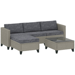 5 Pieces PE Rattan Garden Furniture Set, 4 Seater Garden Corner Sofa Set with Glass Coffee Table, Wicker Outdoor Furniture Set with Cushions for Patio Deck, Dark Grey