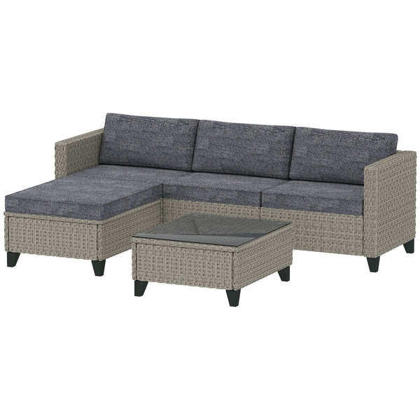 5 Pieces PE Rattan Garden Furniture Set, 4 Seater Garden Corner Sofa Set with Glass Coffee Table, Wicker Outdoor Furniture Set with Cushions for Patio Deck, Dark Grey