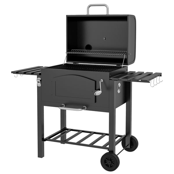 Charcoal Grill BBQ Trolley with Adjustable Charcoal Height, Charcoal Stove for Pot, Garden Smoker Barbecue with Folding Shelves, Thermometer on Lid, Bottle Opener and Wheels