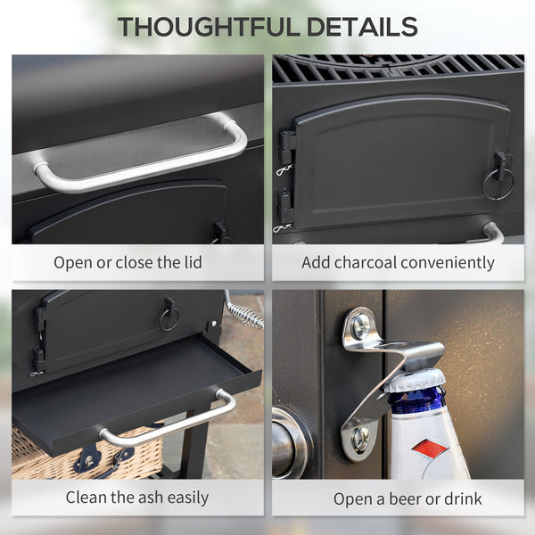 Charcoal Grill BBQ Trolley with Adjustable Charcoal Height, Charcoal Stove for Pot, Garden Smoker Barbecue with Folding Shelves, Thermometer on Lid, Bottle Opener and Wheels