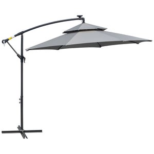 3(m) Cantilever Banana Parasol Hanging Umbrella with Double Roof, LED Solar lights, Crank, 8 Sturdy Ribs and Cross Base for Outdoor, Garden, Patio, Light Grey