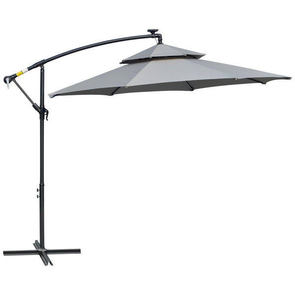 3(m) Cantilever Banana Parasol Hanging Umbrella with Double Roof, LED Solar lights, Crank, 8 Sturdy Ribs and Cross Base for Outdoor, Garden, Patio, Light Grey
