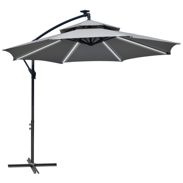 3(m) Cantilever Banana Parasol Hanging Umbrella with Double Roof, LED Solar lights, Crank, 8 Sturdy Ribs and Cross Base for Outdoor, Garden, Patio, Light Grey